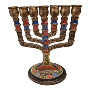 Vintage Hen Holon Israel Brass 7 Branch Menorah Jerusalem Enamel Judaica 4" Mini